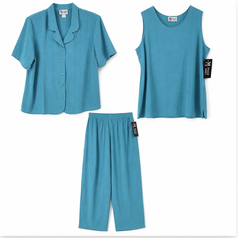 Vintage Maggie Sweet 3 Piece Matching Set Blue Turquoise Pants Tank Shirt L USA